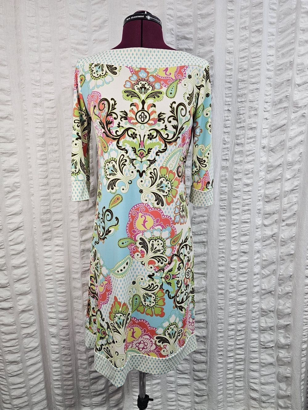 60s Go Go Groovy Hippie Inspired Paisley-Print Midi Shift Dress in Aqua and Pink